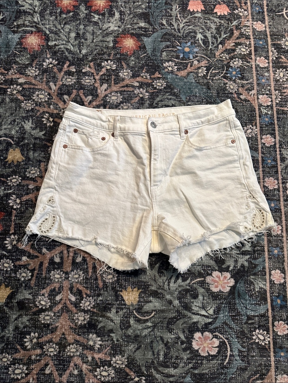 American Eagle Outfitters Cream Denim Cutoff Shorts with Eyelet Detail